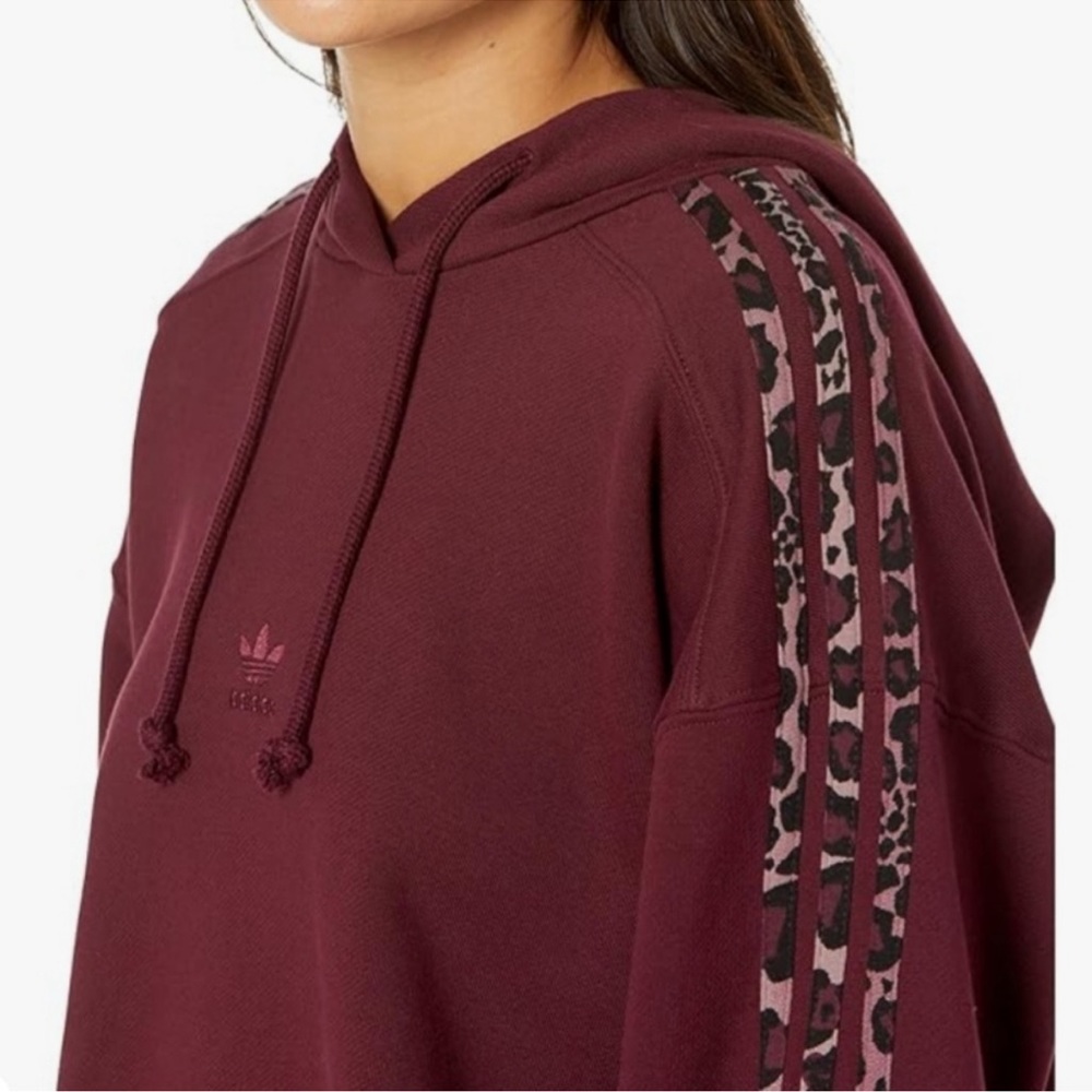 Adidas Originals Logo Crop Hoodie, Multicolor Maroon & Leopard Print, SZ 2X, NWT